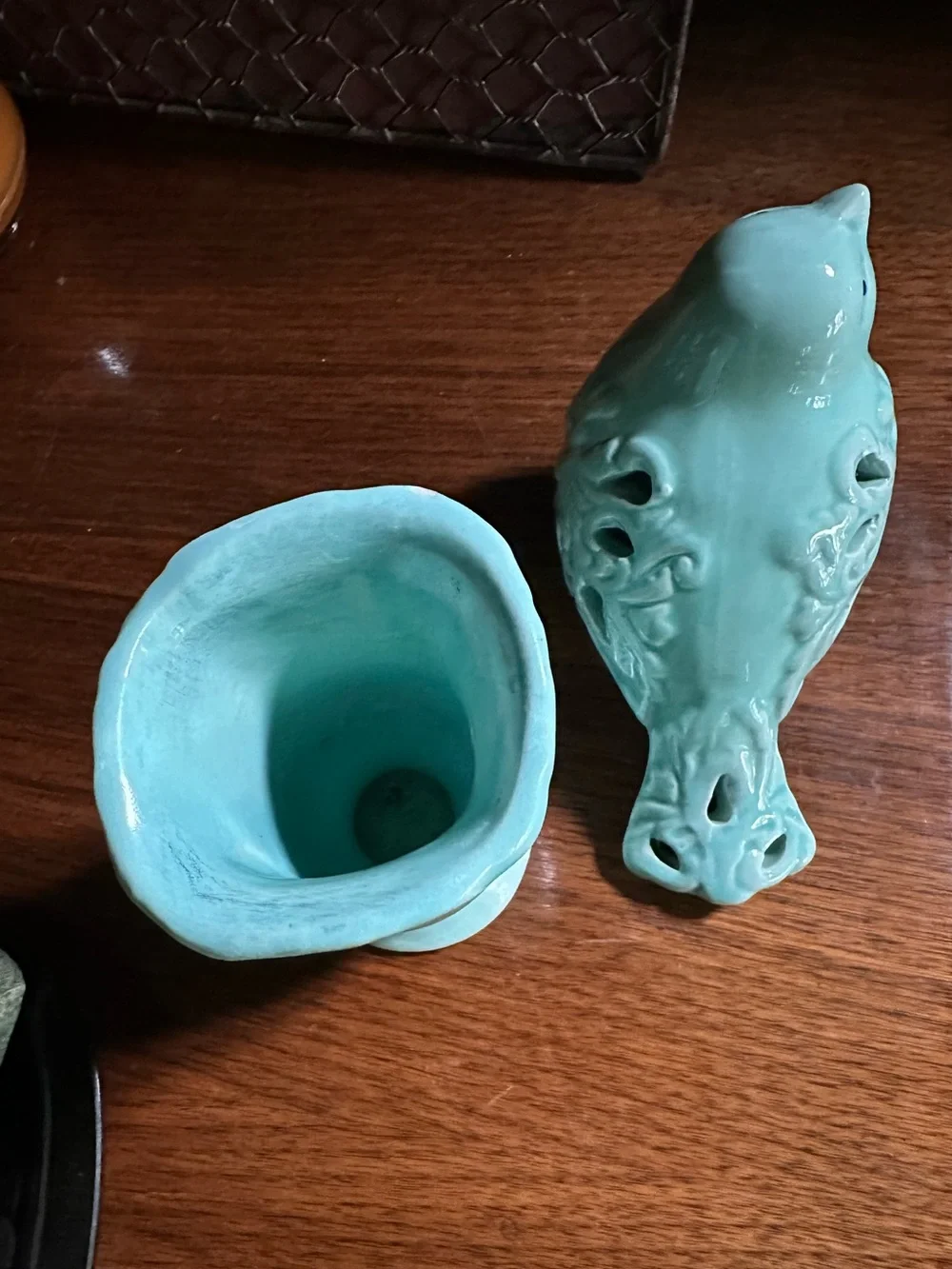 Ceramic Teal Blue Decorative Bird Figurine and Vase Set